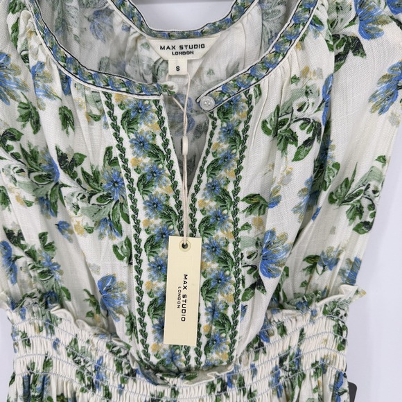 Max Studio Dress Womens Small‎ Blue Floral Smocked Waist Ruffle Hem Boho Midi - Picture 4 of 12